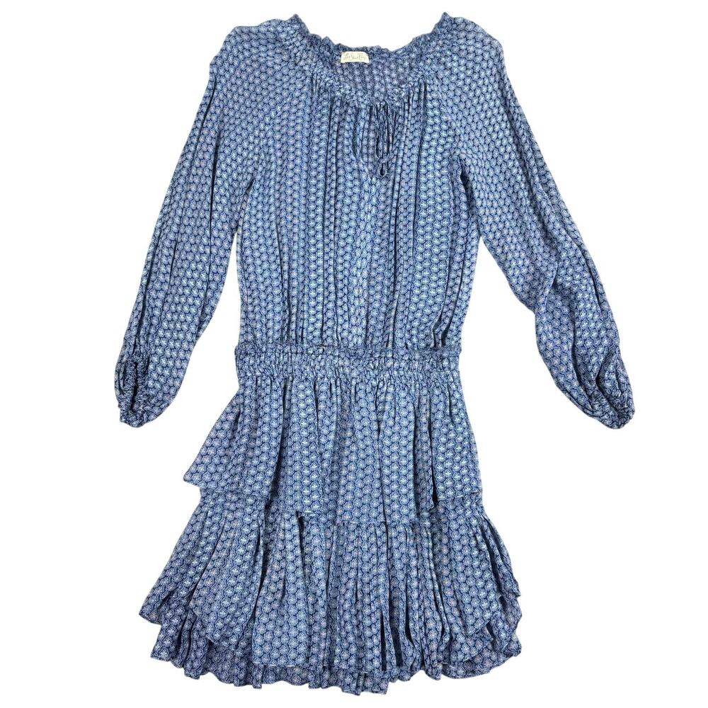 LoveShackFancy Blue Popover Mini Dress Long Sleeve Tiered Ruffle Size M - Picture 2 of 12